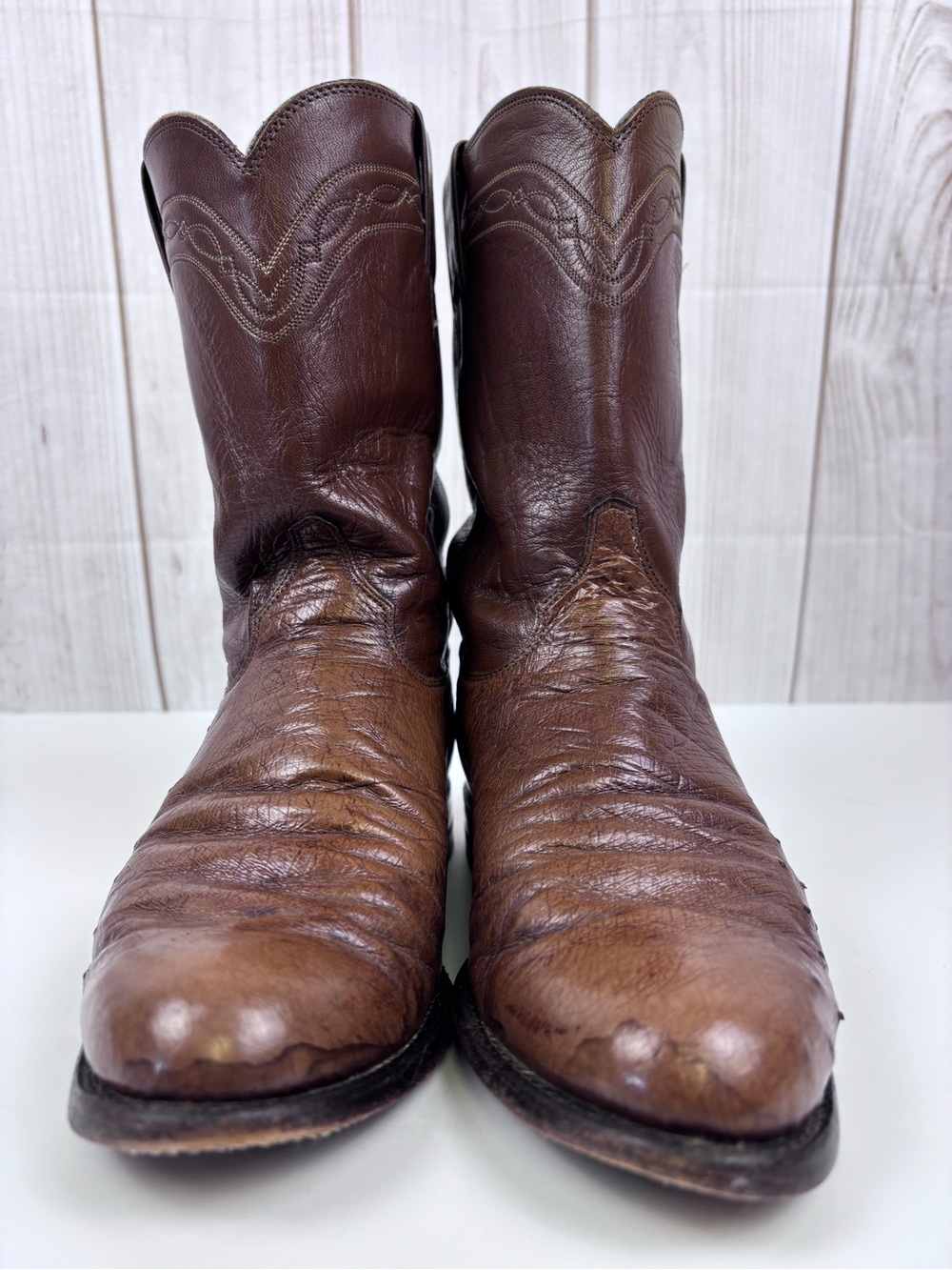 Vintage Justin Boots Smooth Quill Ostrich Leather Western Roper Cowboy Brown 9B - Picture 6 of 14